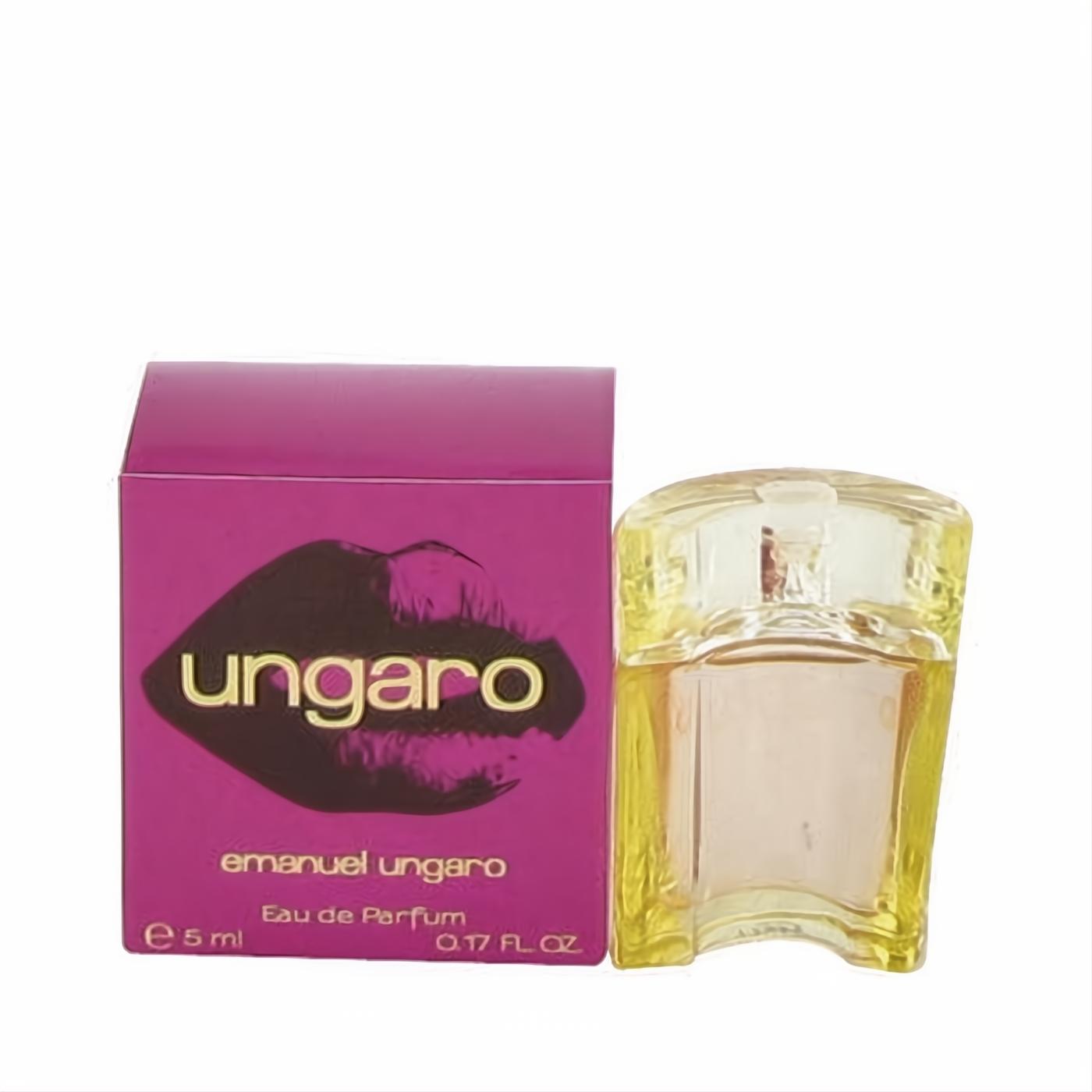 Ungaro .17 oz mini EDP: elegant clear bottle with golden fragrance, beside a vibrant magenta box featuring iconic black lips.