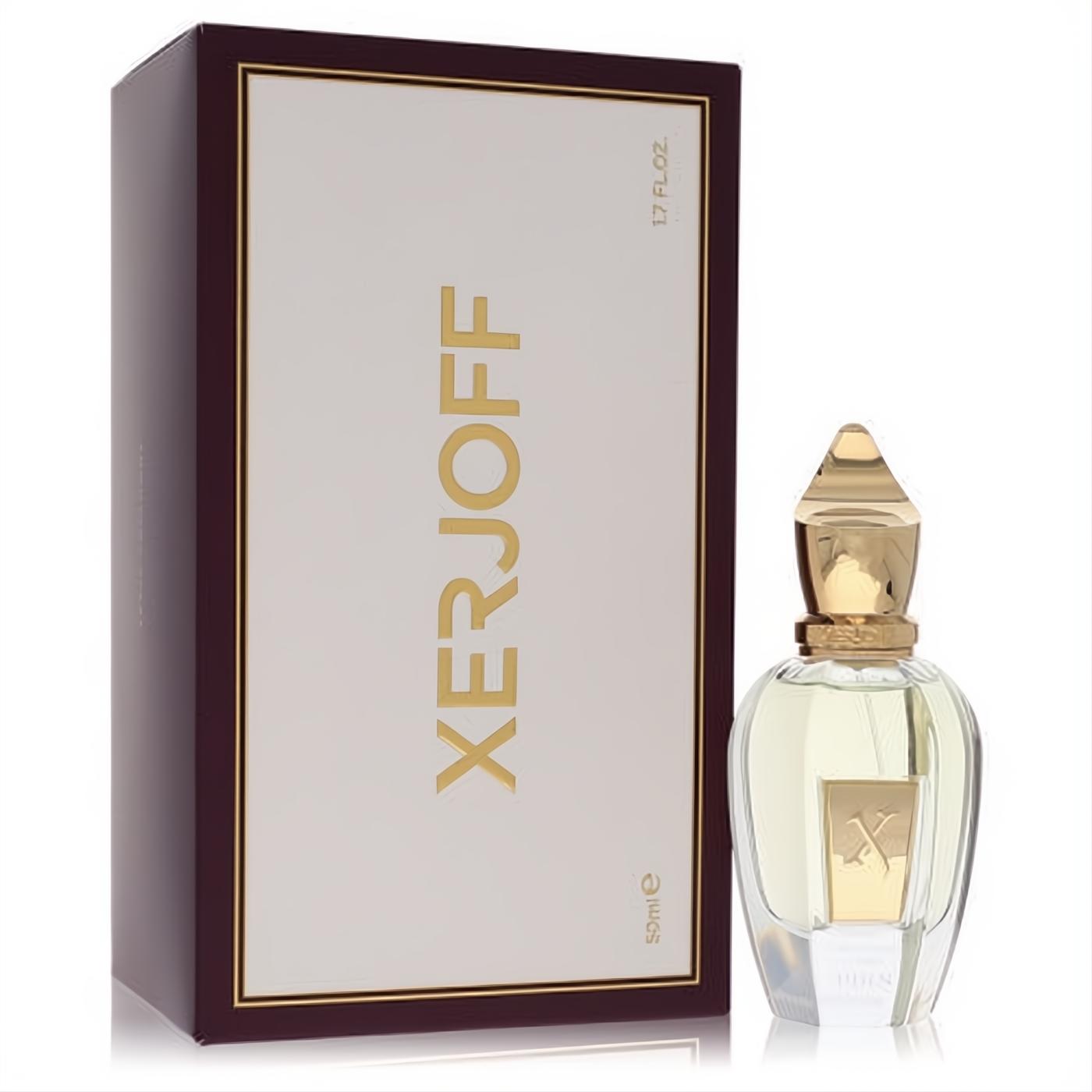 Xerjoff Uden 1.7 oz Eau De Parfum. Elegant clear glass bottle, ornate gold cap, and luxurious cream & burgundy box.