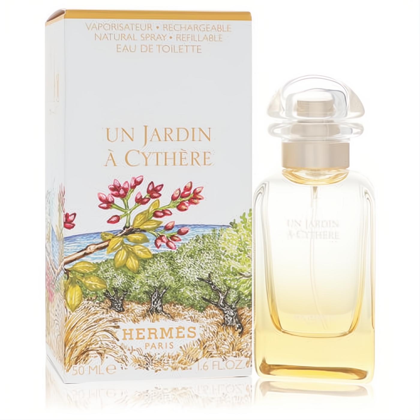 Hermes Un Jardin A Cythere 1.6 oz refillable Eau de Toilette. Elegant clear bottle and vibrant, illustrated box.