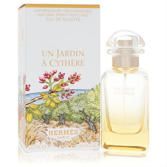 Hermes Un Jardin A Cythere 1.6 oz refillable Eau de Toilette. Elegant clear bottle and vibrant, illustrated box.
