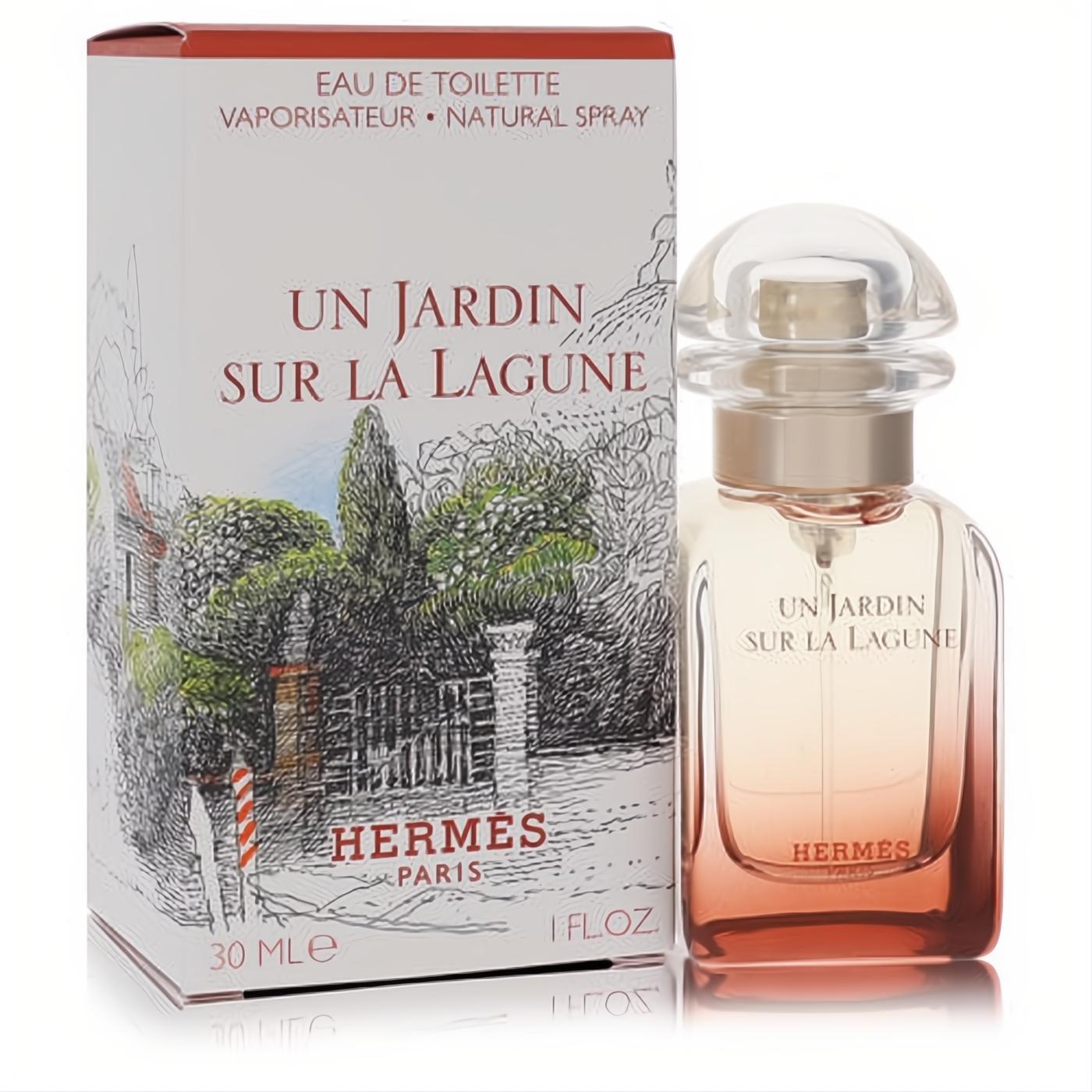 Hermes Un Jardin Sur La Lagune 1 oz EDT, a chic fragrance in a clear to coral ombre bottle with a unique cap and scenic box.