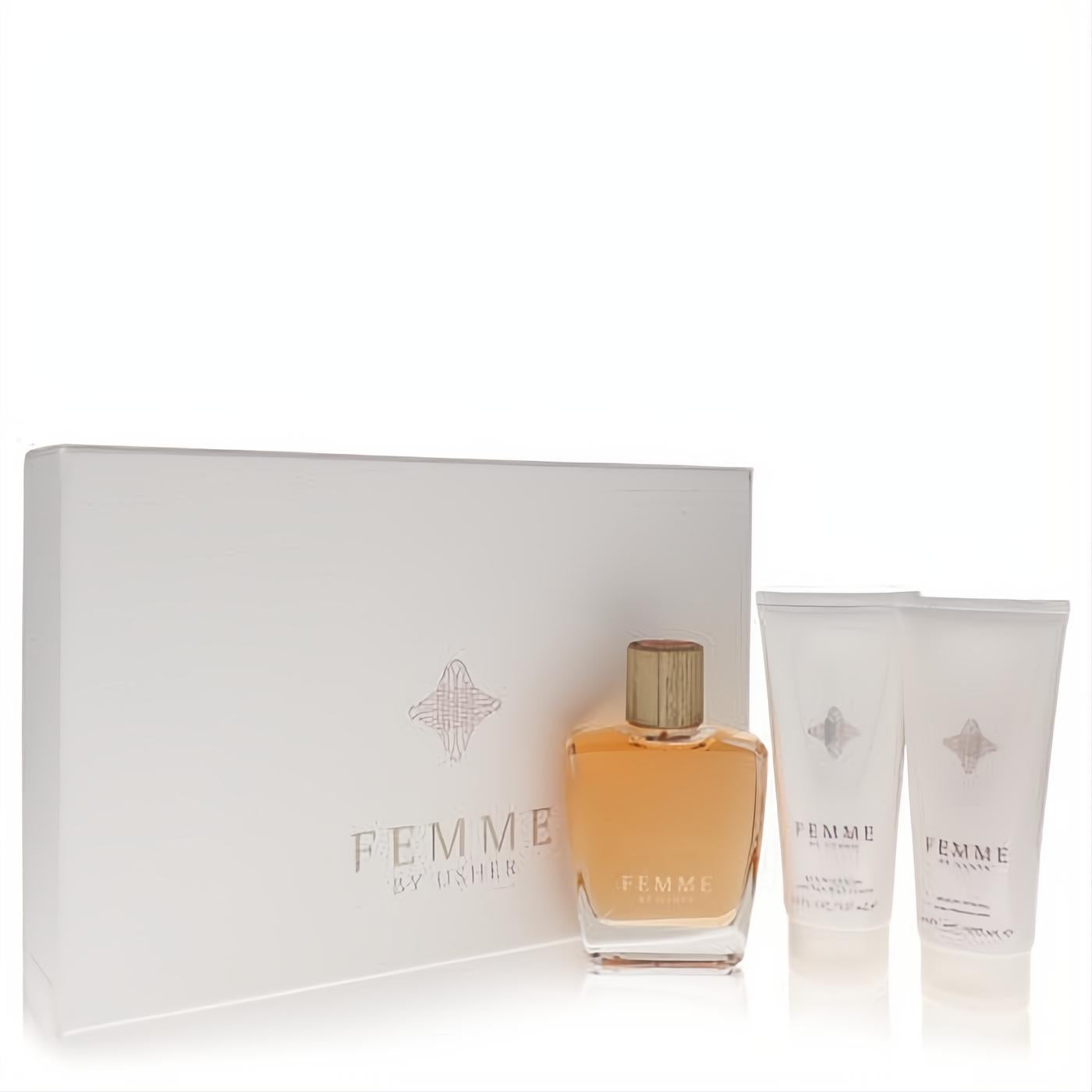 Luxurious Usher Femme 3.4 oz perfume gift set featuring amber spray, body lotion, and shower gel in a sleek white box.