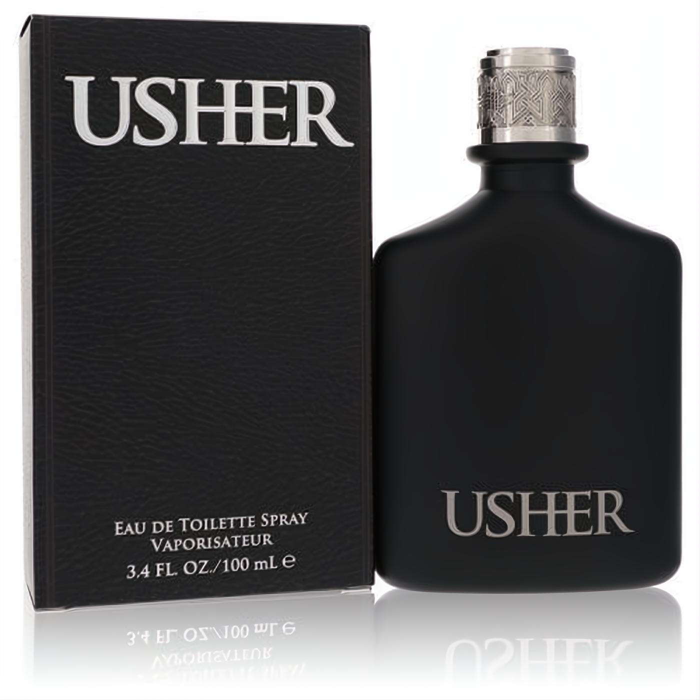 Usher for Men 3.4 oz EDT. Elegant matte black bottle with an ornate silver cap and sleek matching textured box.