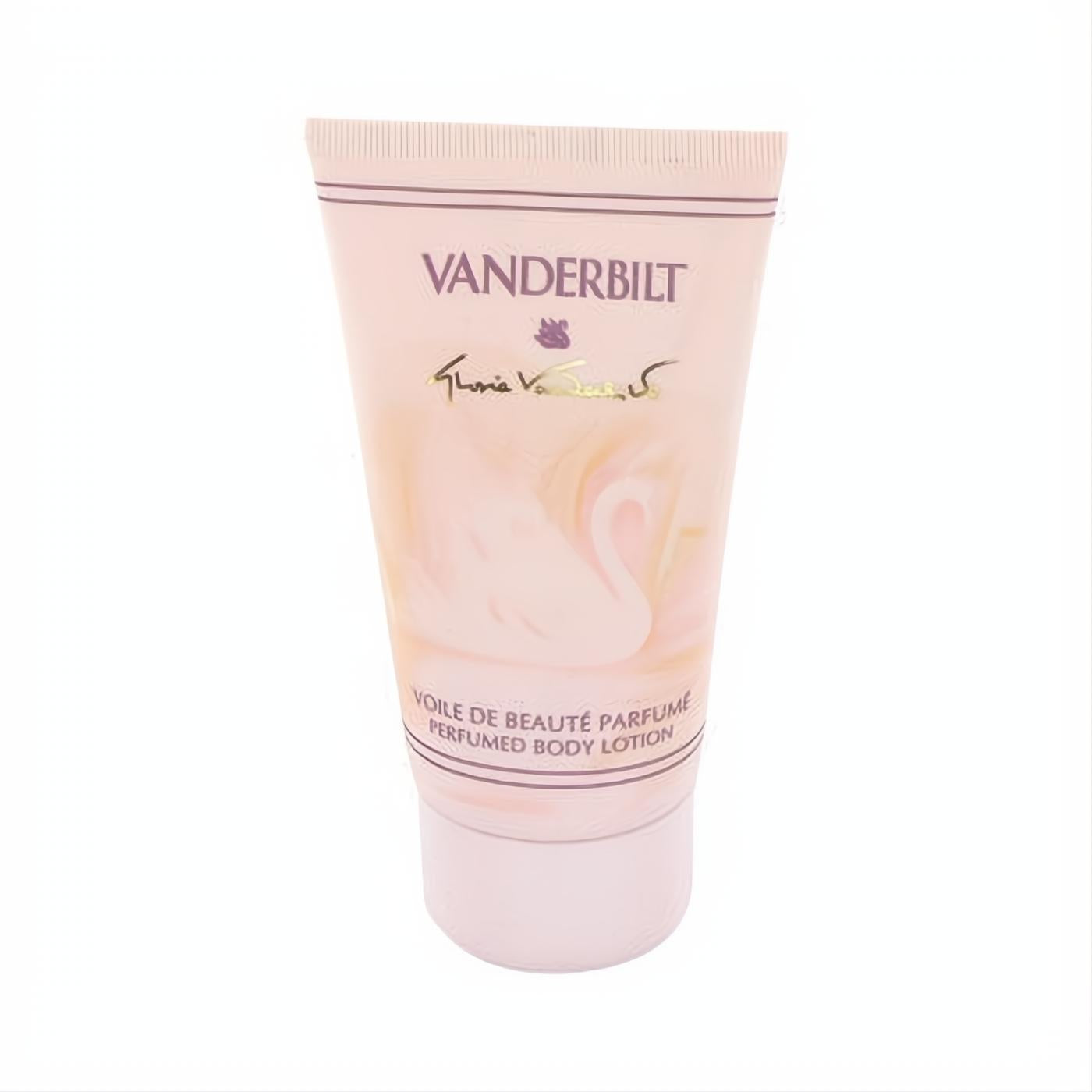 Luxurious VANDERBILT perfumed body lotion tube in soft pink, featuring a graceful white swan and Gloria Vanderbilt signature.
