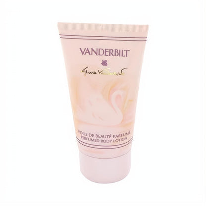Luxurious VANDERBILT perfumed body lotion tube in soft pink, featuring a graceful white swan and Gloria Vanderbilt signature.
