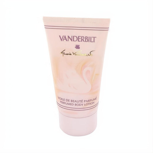 Luxurious VANDERBILT perfumed body lotion tube in soft pink, featuring a graceful white swan and Gloria Vanderbilt signature.