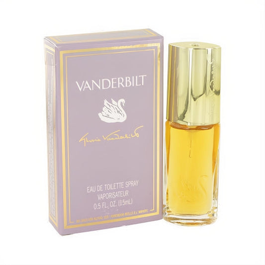 Discover Vanderbilt .5 oz feminine EDT spray. Elegant light purple box with gold trim, clear glass bottle, gold cap, and iconic swan.