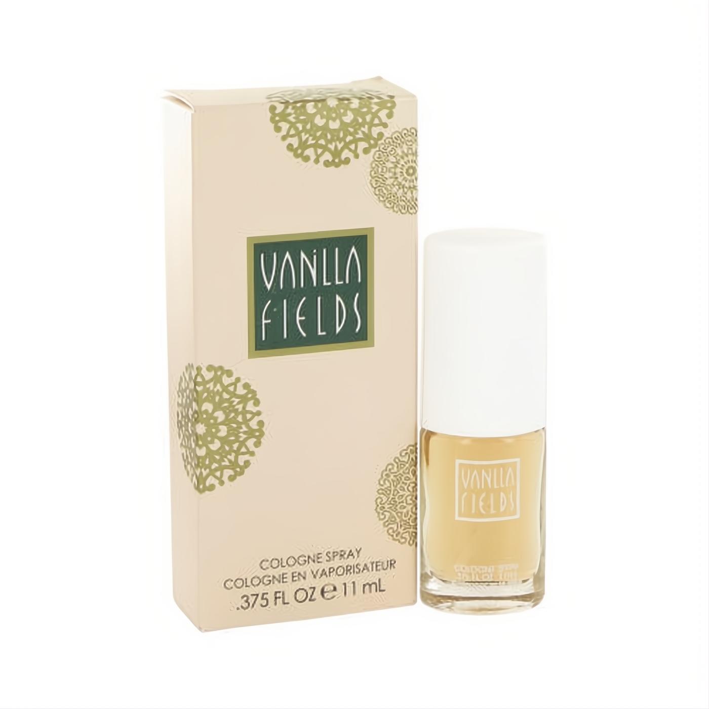 Vanilla Fields by Coty .37 oz cologne spray. Elegant beige box with green design, clear glass bottle with amber fragrance.