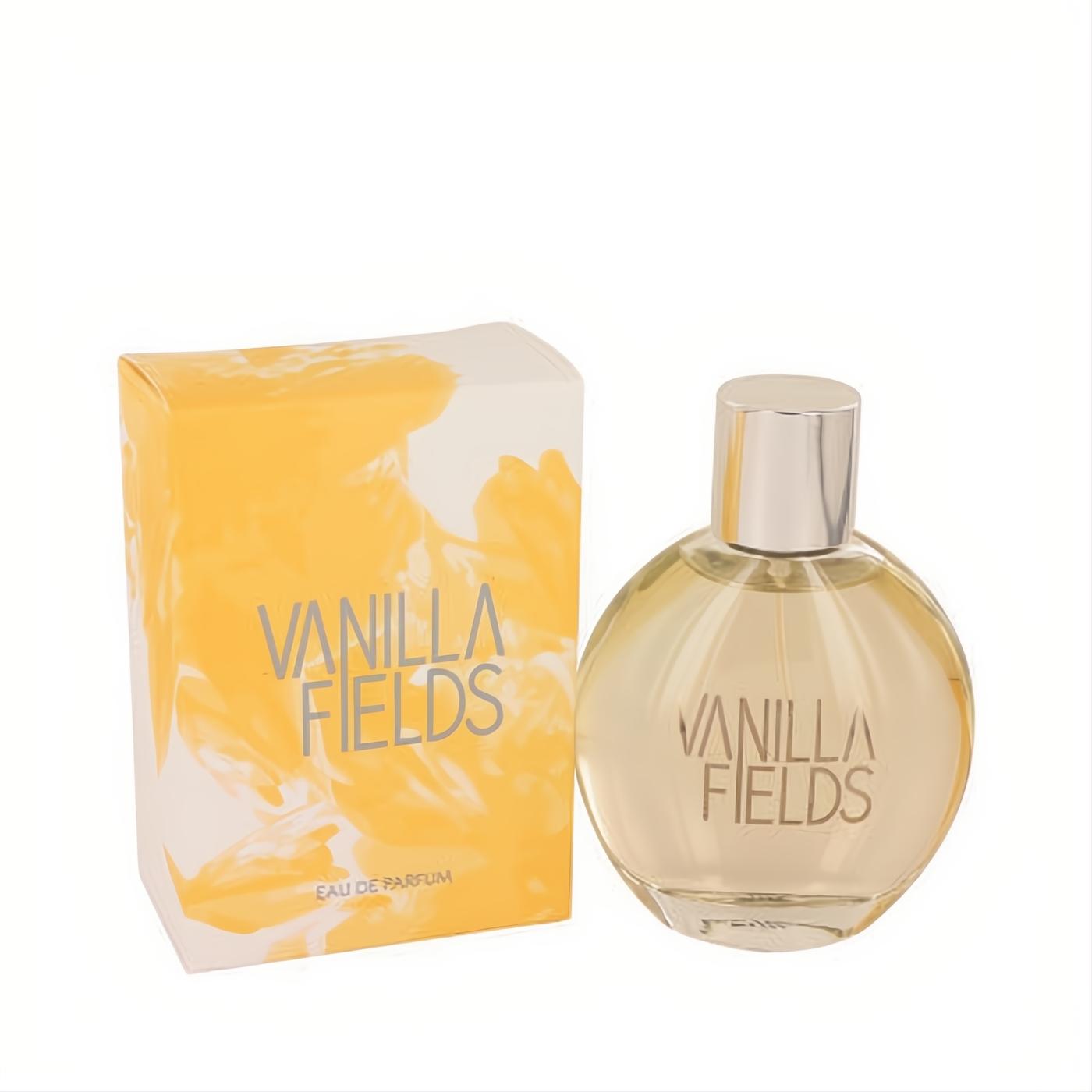Vanilla Fields Eau De Parfum 3.4 oz spray in a chic clear glass bottle with silver cap and vibrant yellow floral box.