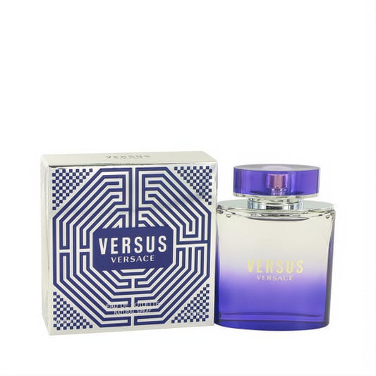 VERSUS by Versace Eau De Toilette 3.4 oz. Vibrant purple ombre bottle, matching cap, and iconic silver-blue geometric box.