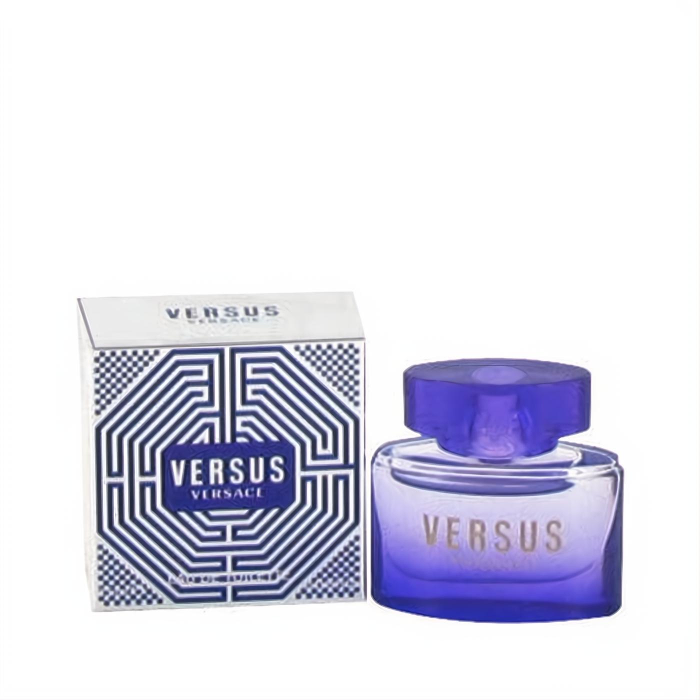 VERSUS by Versace .10 oz mini EDT. Iconic purple glass bottle with gold lettering and a white box featuring a bold blue maze design.