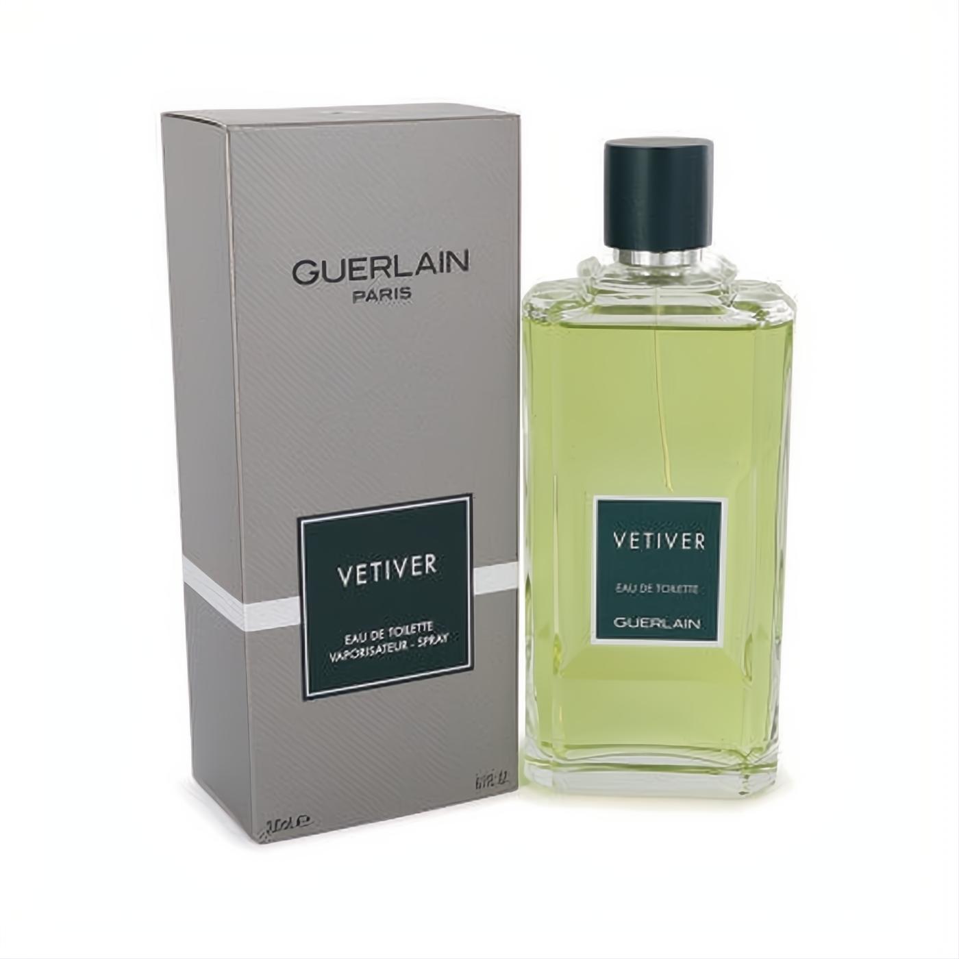 Guerlain Vetiver 6.8 oz Eau De Toilette spray: clear bottle with vibrant green liquid, sleek dark cap, and elegant gray box.