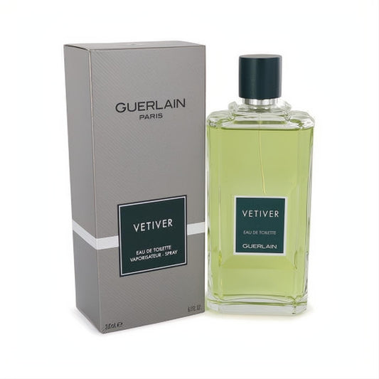 Guerlain Vetiver 6.8 oz Eau De Toilette spray: clear bottle with vibrant green liquid, sleek dark cap, and elegant gray box.