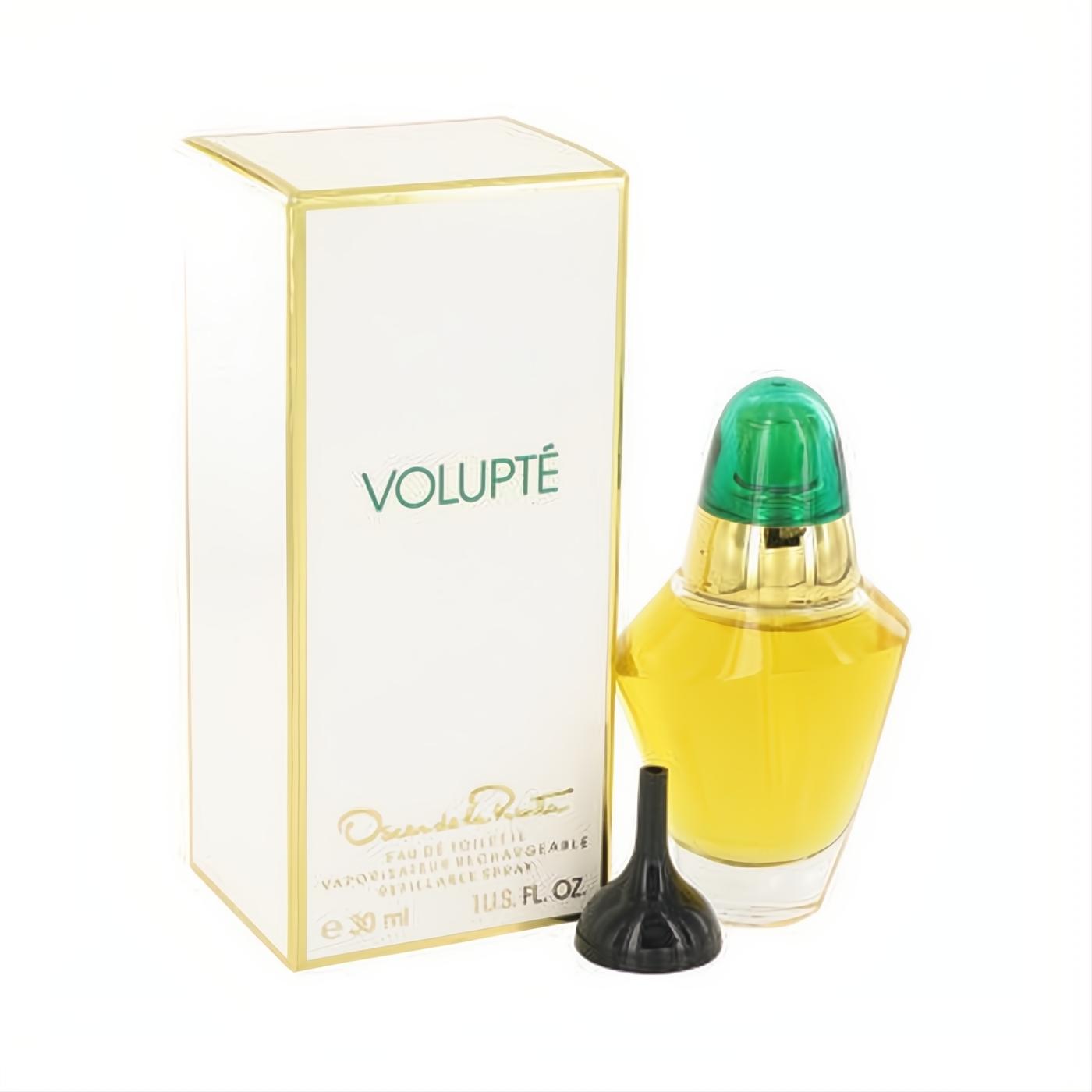 VOLUPTE Oscar de la Renta 1 oz EDT refillable spray, featuring a vibrant green cap, gold neck, and elegant white box with funnel.
