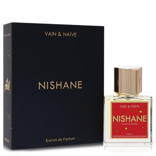 Discover Nishane Vain & Naïve 1.7 oz Extrait de Parfum. Clear glass bottle, red label with gold accents, and sleek black box.