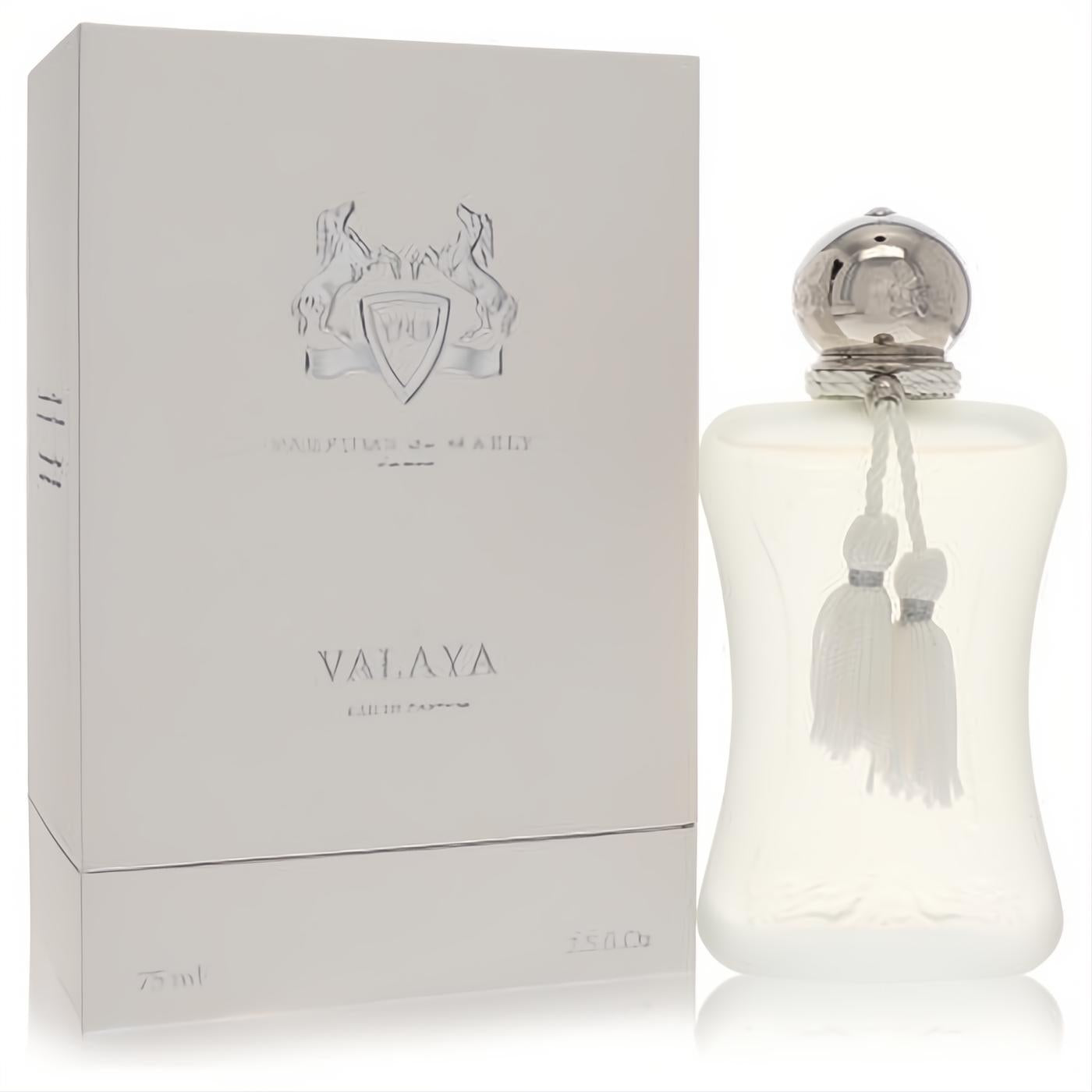 Valaya by Parfums De Marly 2.5 oz EDP. Elegant frosted white bottle with silver cap, white tassels, and luxurious matching box.