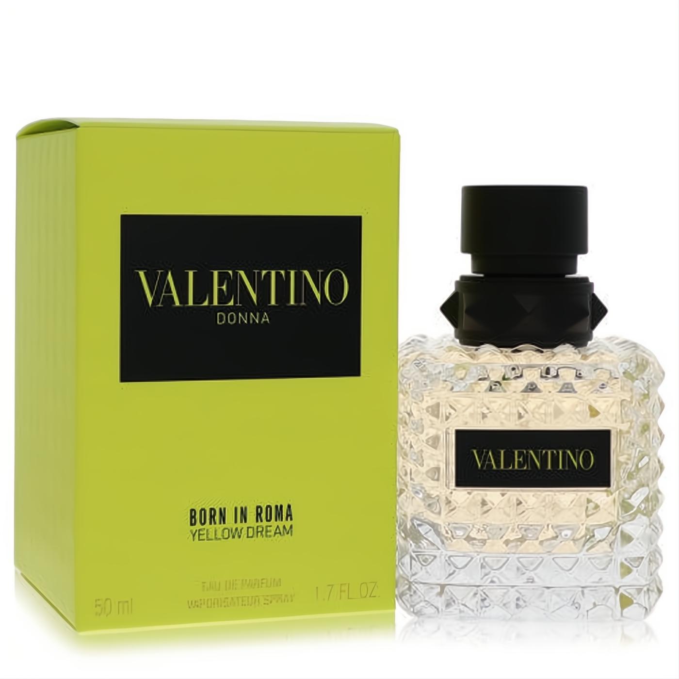 Valentino Donna Born In Roma Yellow Dream 1.7 oz EDP. Luxurious studded glass bottle and vibrant lime-yellow box.