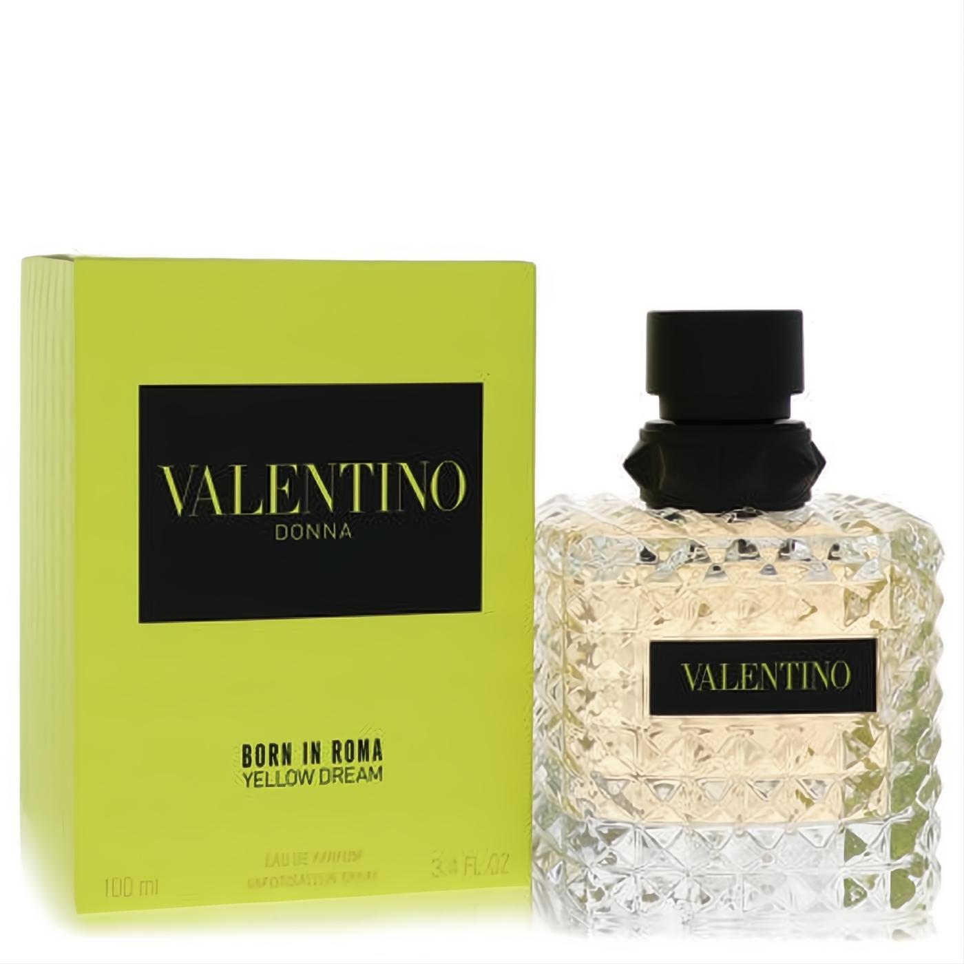 Valentino Donna Born In Roma Yellow Dream 3.4 oz EDP. Vibrant lime green box and iconic studded glass perfume bottle.