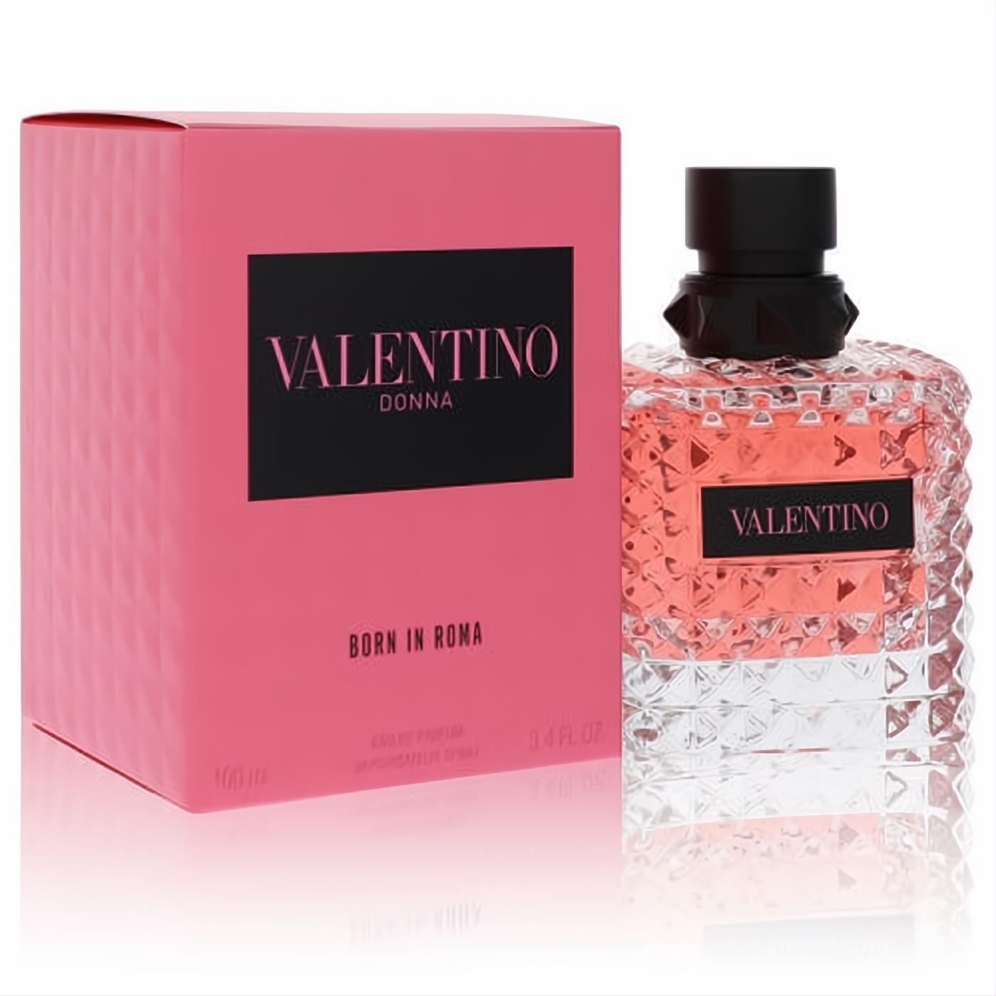 Valentino Donna Born in Roma 3.4 oz EDP. Luxurious pink liquid in a signature studded glass bottle with matching textured box.