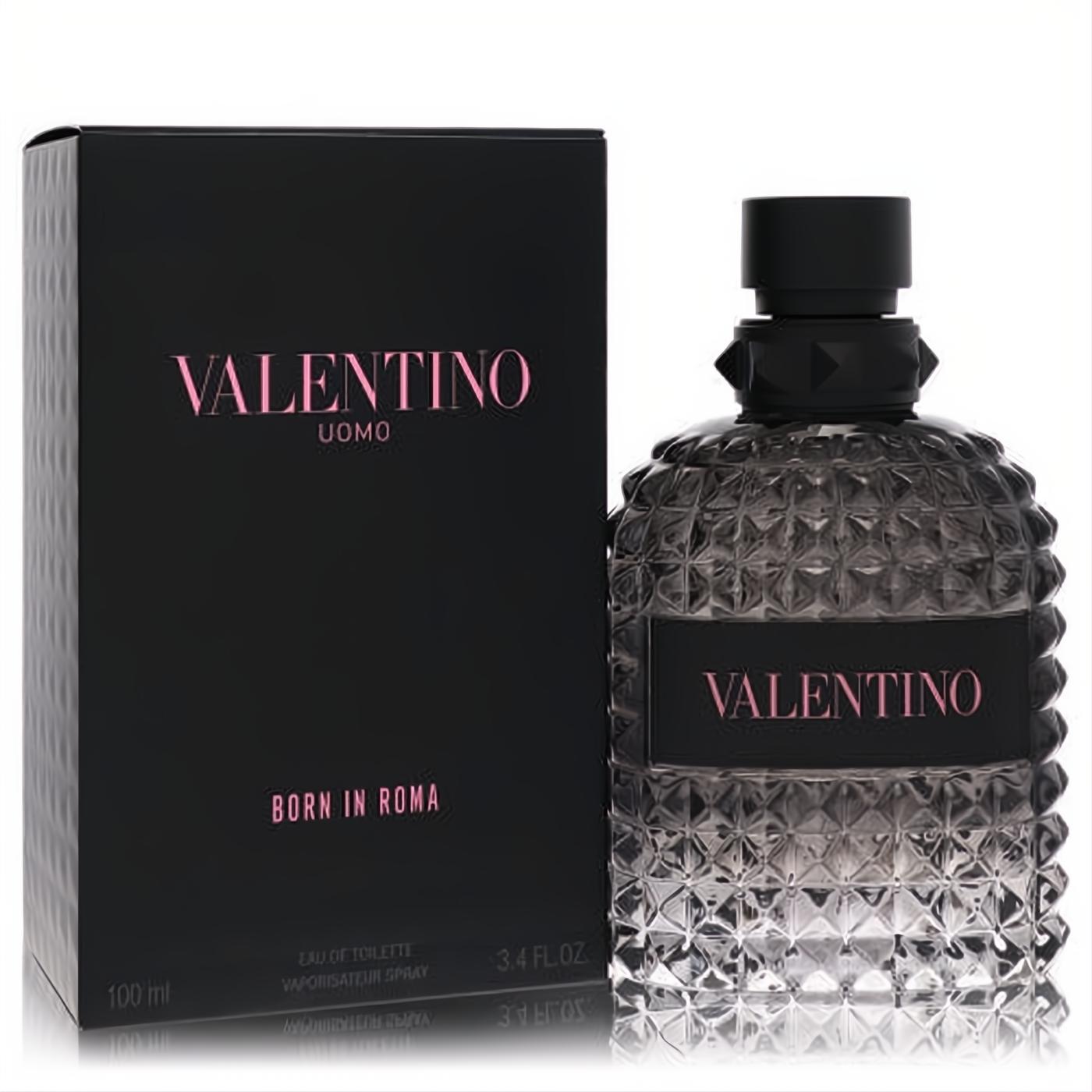 Valentino Uomo Born In Roma 3.4 oz men's EDT. Distinctive black studded glass bottle with pink logo and sleek black box.