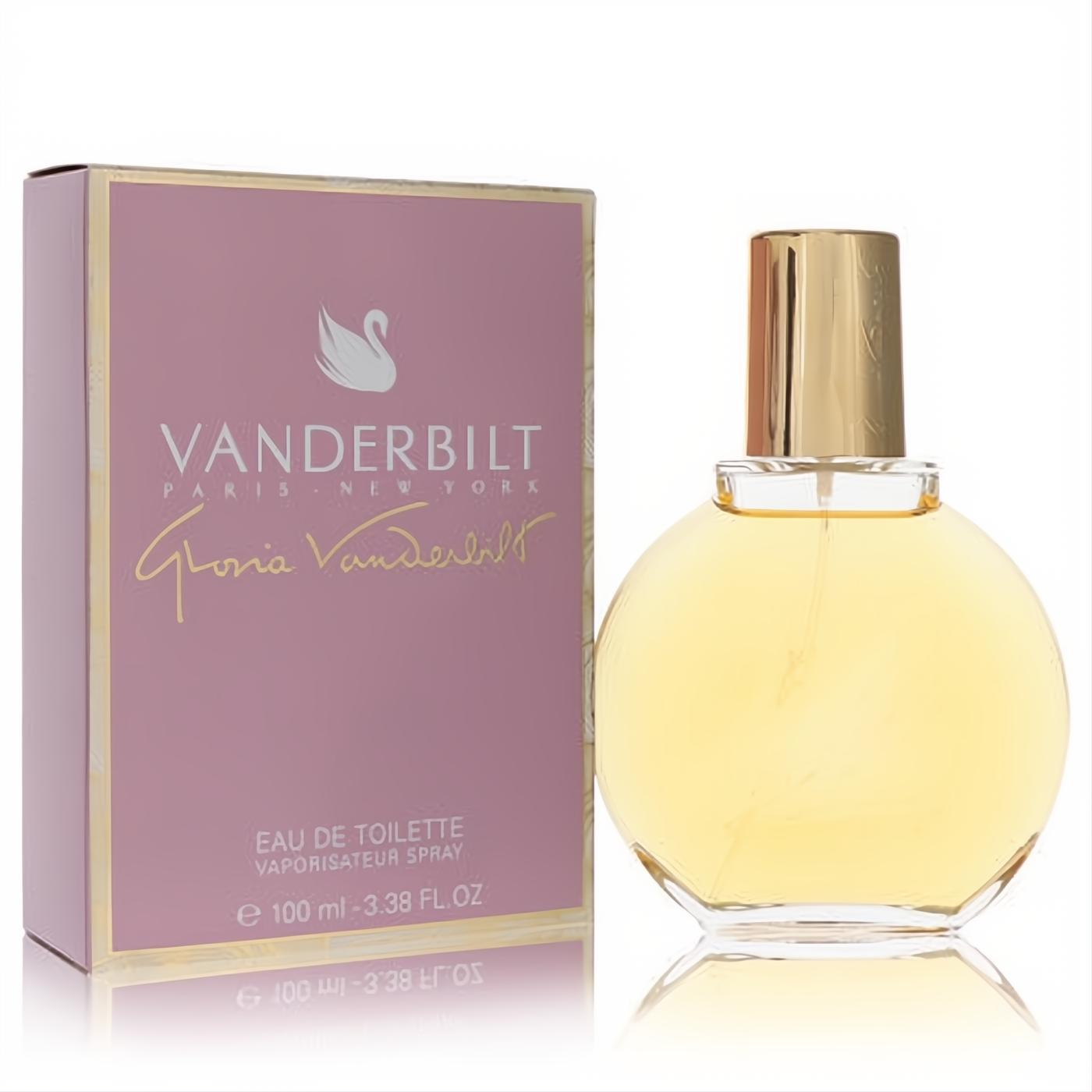 Vanderbilt by Gloria Vanderbilt 3.4 oz EDT. Elegant round glass bottle with golden cap, beside a chic pink box featuring a swan logo.