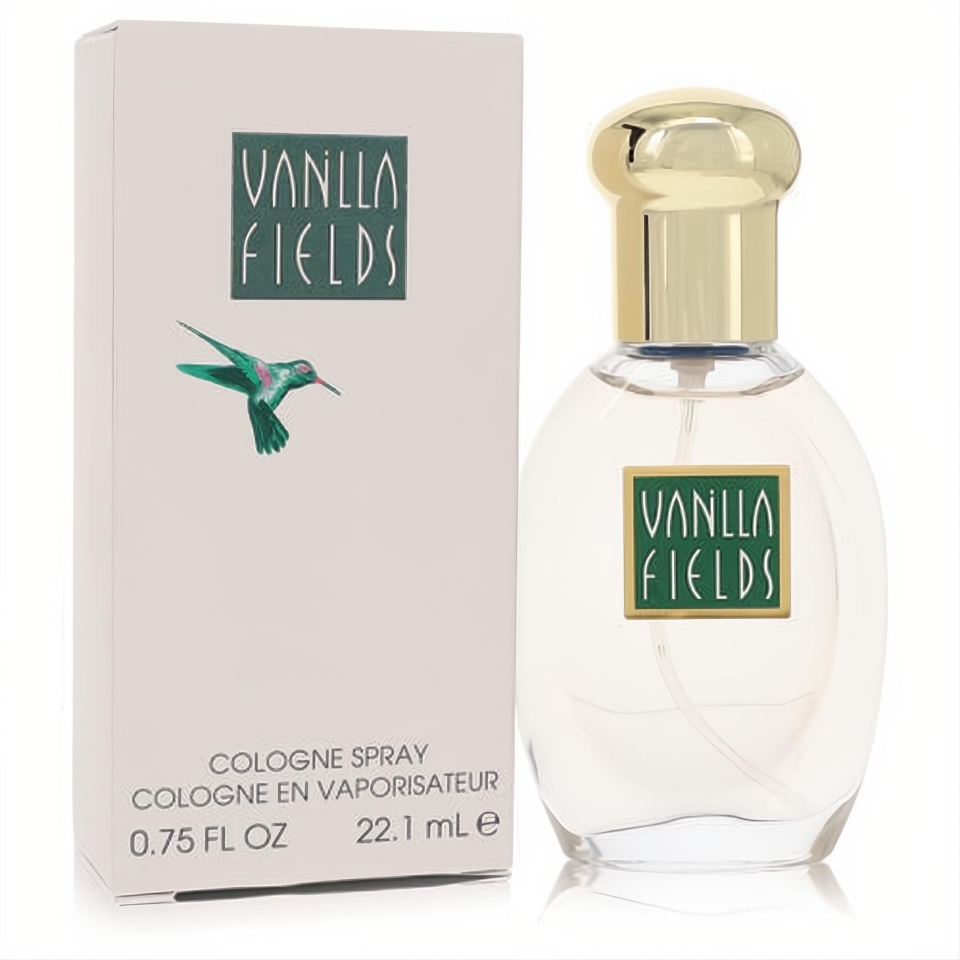 Experience Vanilla Fields by Coty .75 oz cologne spray in its clear glass bottle with a luxurious gold cap and elegant beige box.