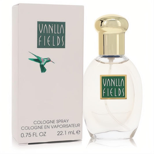 Experience Vanilla Fields by Coty .75 oz cologne spray in its clear glass bottle with a luxurious gold cap and elegant beige box.