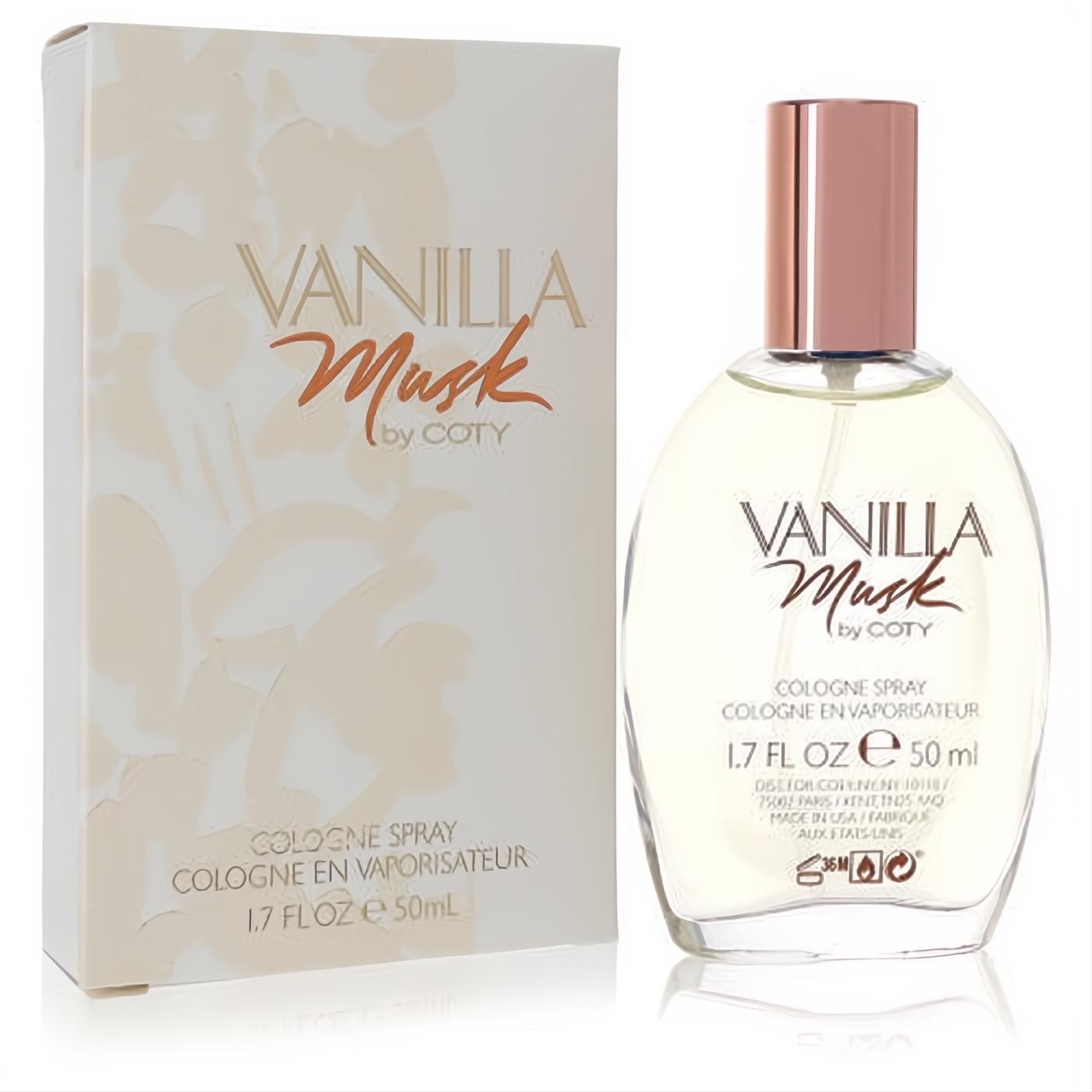 Vanilla Musk by Coty 1.7 oz cologne spray. Elegant clear glass bottle with a rose gold cap, displayed with its cream branded box.