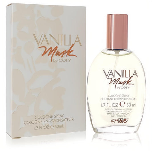 Vanilla Musk by Coty 1.7 oz cologne spray. Elegant clear glass bottle with a rose gold cap, displayed with its cream branded box.