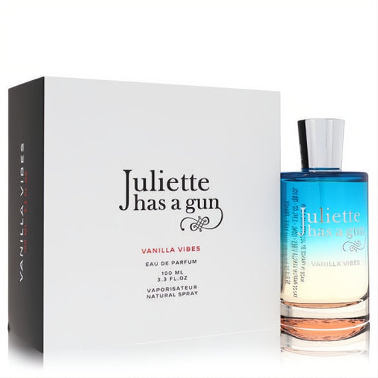 Juliette Has a Gun Vanilla Vibes 3.3oz EDP. Captivating ombre blue-to-orange bottle and sleek white box.