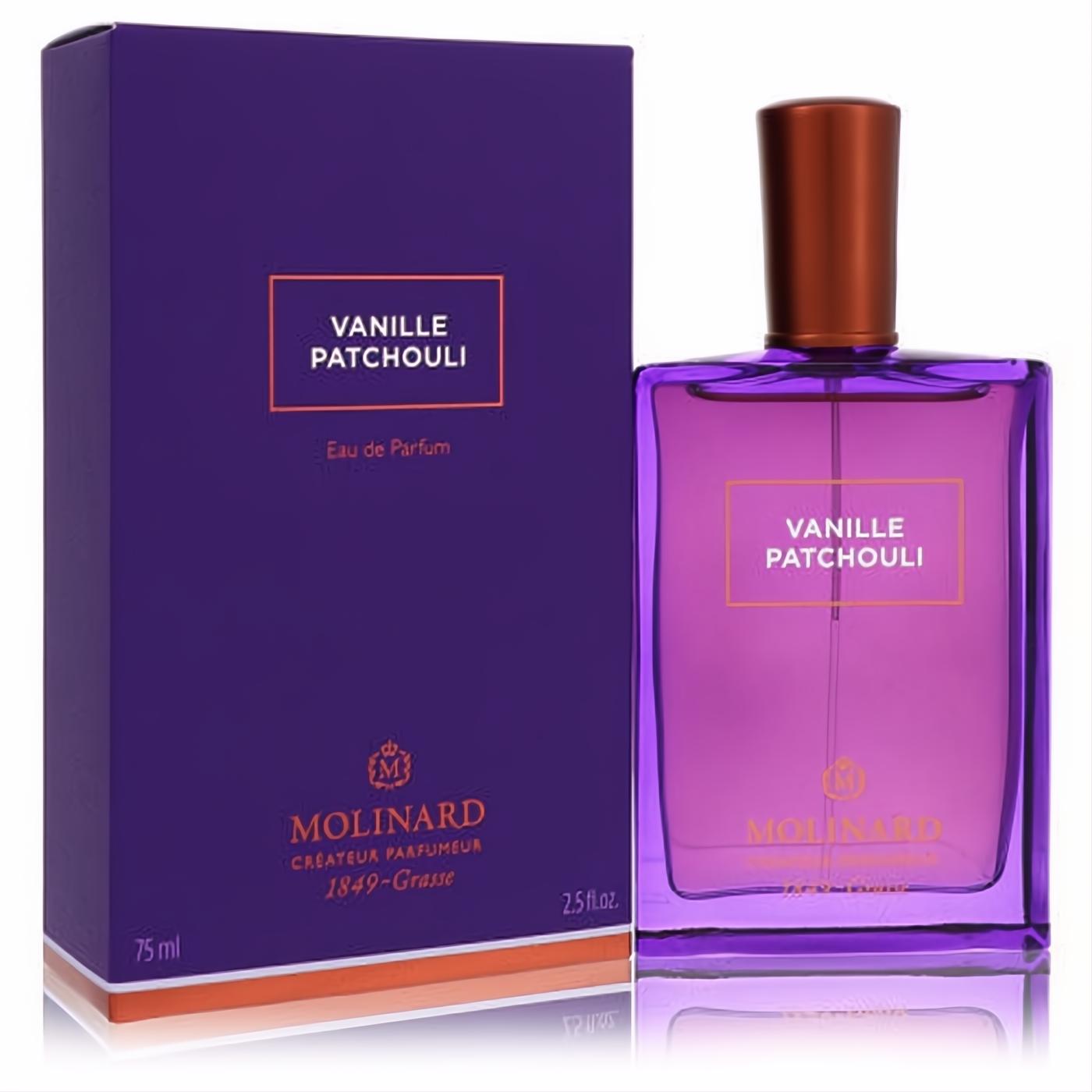Molinard Vanille Patchouli 2.5 oz EDP. Vibrant purple glass bottle with sleek bronze cap and elegant matching box.