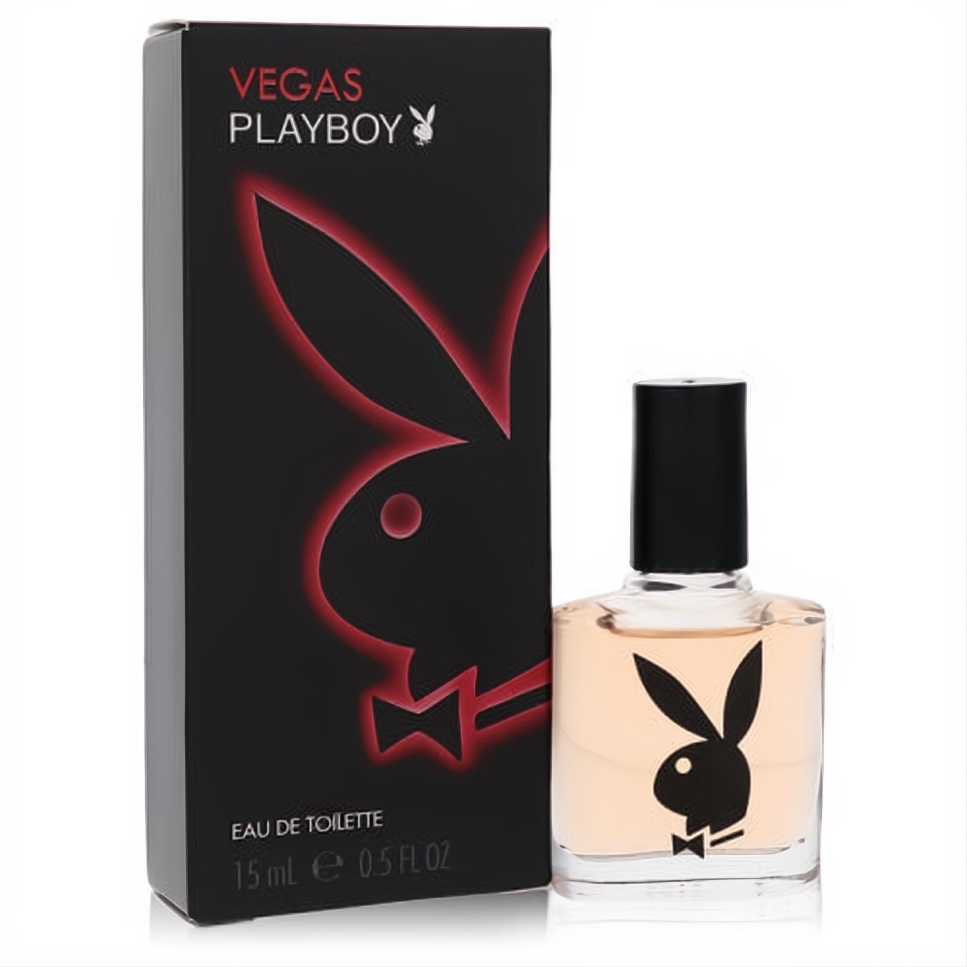 Vegas Playboy Mini EDT 0.5 oz. Black box with iconic red bunny logo, clear glass bottle with captivating amber fragrance.