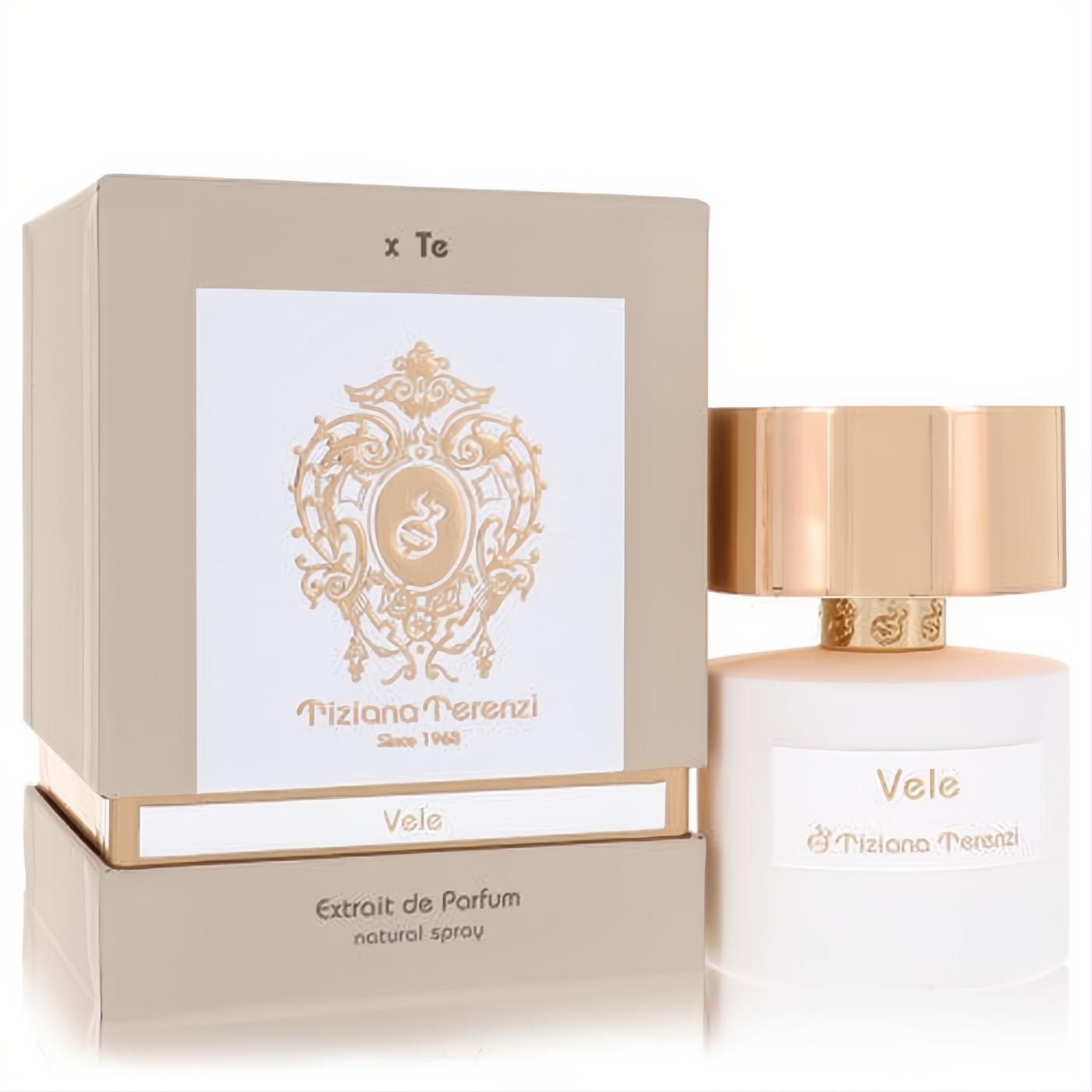 Elegant Tiziana Terenzi Vele Extrait De Parfum spray. White bottle, radiant gold cap, and sophisticated beige box with gold accents.