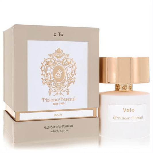 Elegant Tiziana Terenzi Vele Extrait De Parfum spray. White bottle, radiant gold cap, and sophisticated beige box with gold accents.
