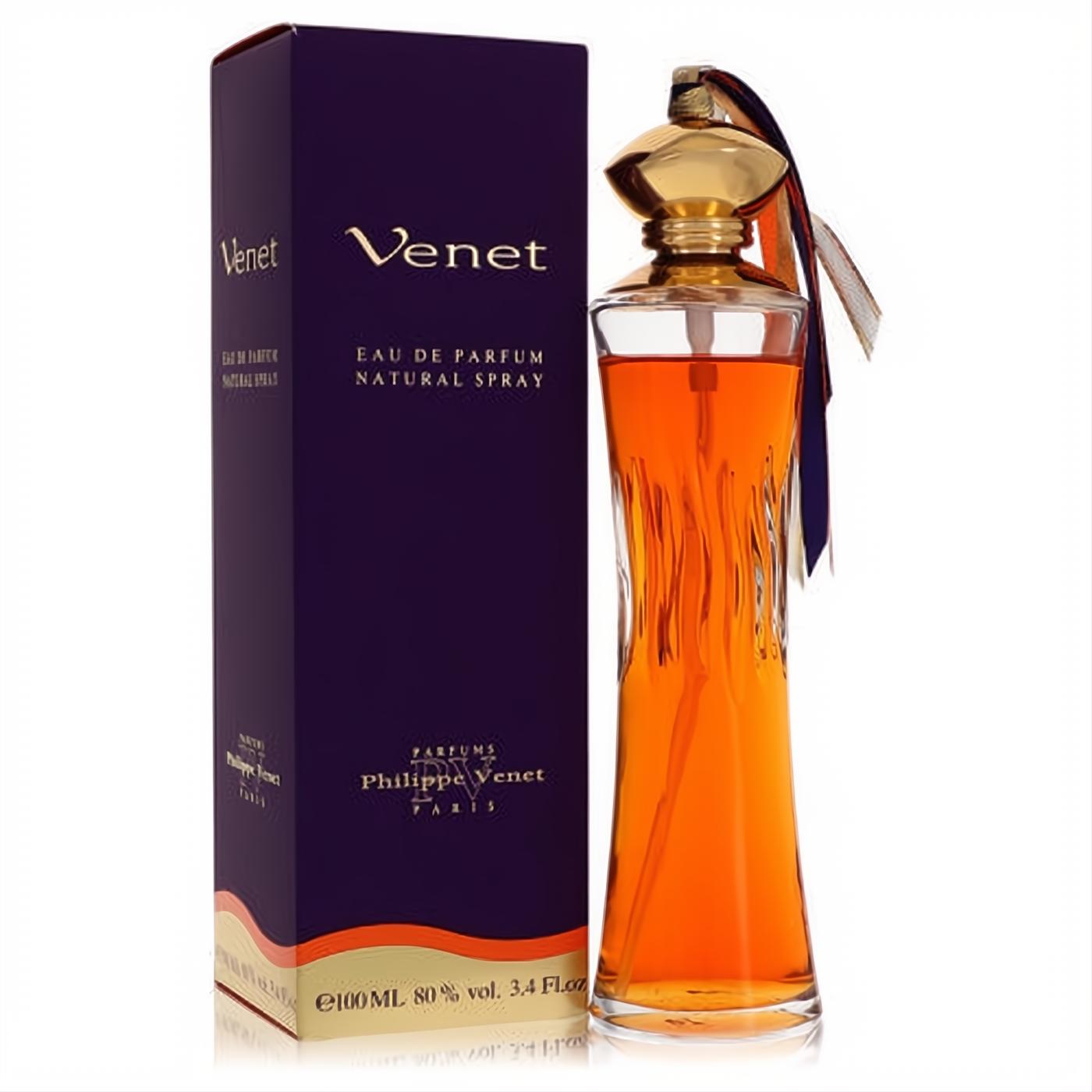 Luxurious Venet by Philippe Venet 3.4 oz Eau de Parfum. Amber fragrance in an elegant fluted glass bottle with gold cap and purple box.