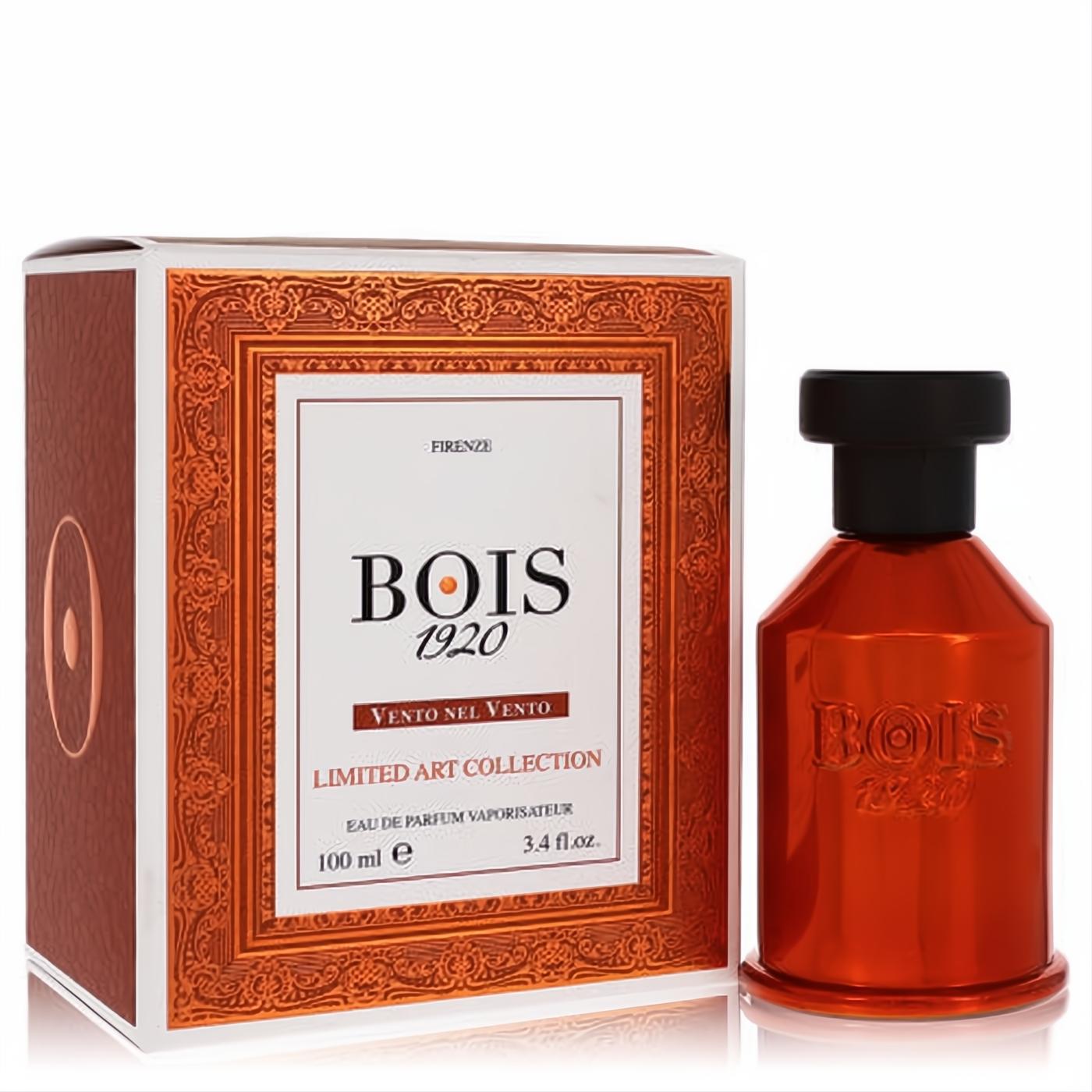 Vibrant Bois 1920 Vento Nel Vento 3.4 oz EDP spray in a metallic copper bottle with an ornate matching display box.