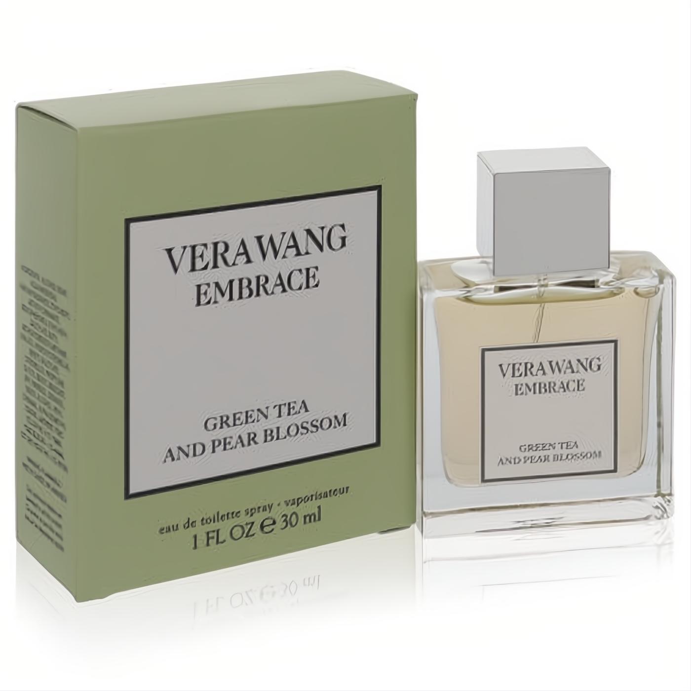 Vera Wang Embrace Green Tea & Pear Blossom 1 oz perfume bottle and light green box.