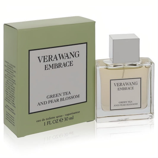 Vera Wang Embrace Green Tea & Pear Blossom 1 oz perfume bottle and light green box.