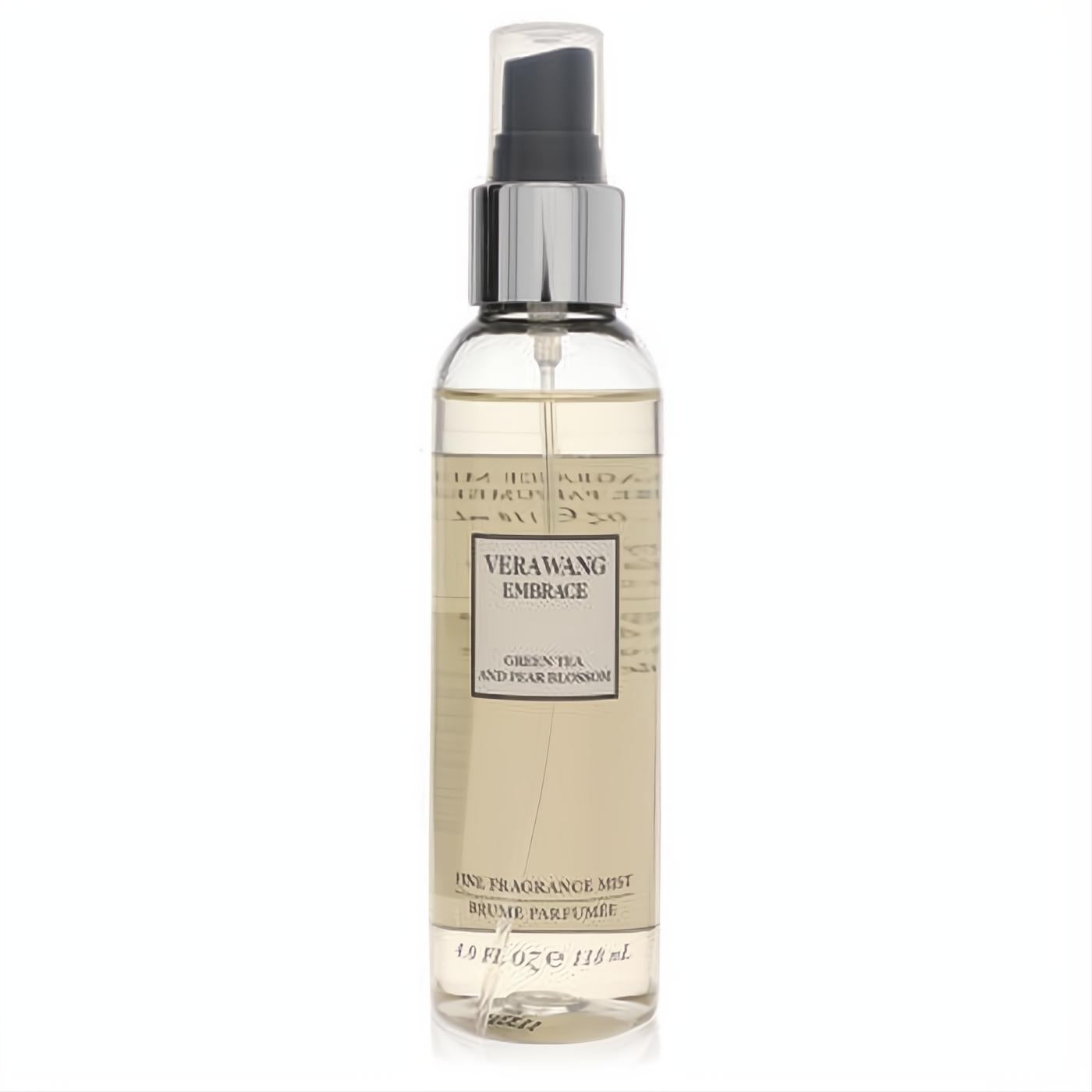 Invigorating Vera Wang Embrace Green Tea & Pear Blossom 4 oz fragrance mist in a sleek clear bottle with pale green liquid.