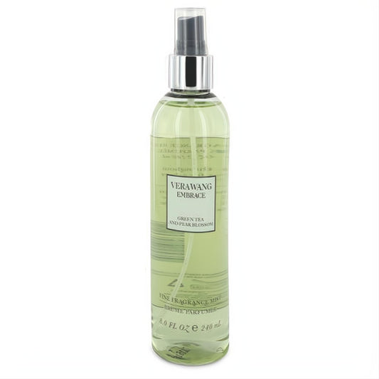 Experience Vera Wang Embrace Green Tea & Pear Blossom 8 oz fragrance mist. Elegant clear bottle, refreshing pale green liquid.