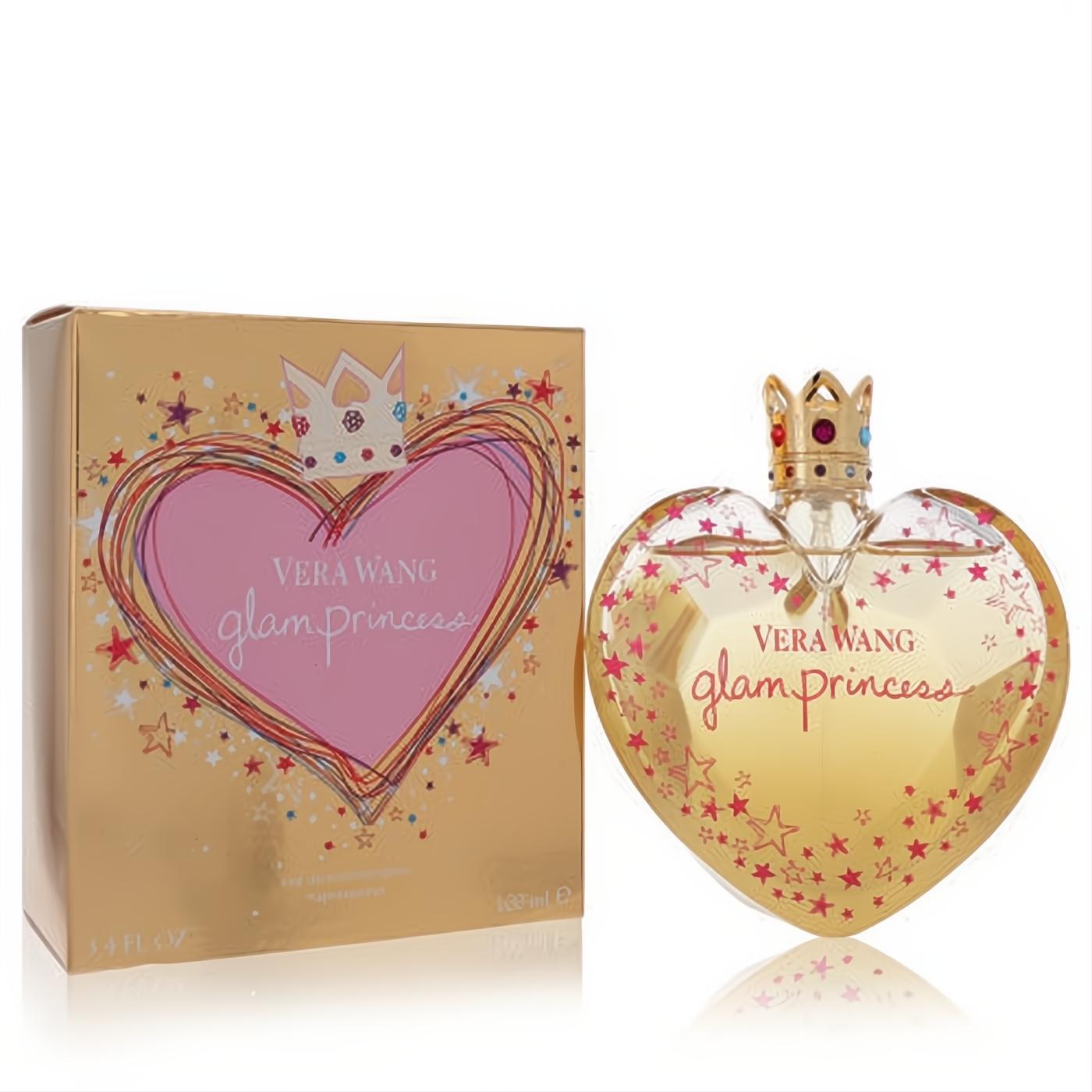 Vera Wang Glam Princess 3.4 oz EDT. Golden heart perfume bottle with jeweled crown cap, pink stars, and matching gold box.