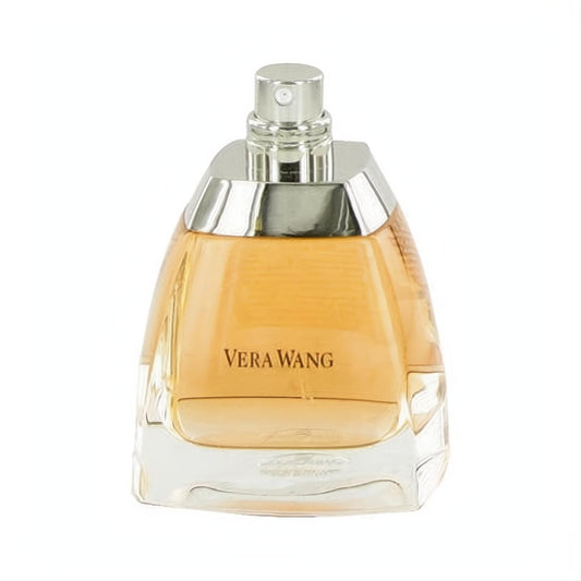 Vera Wang Eau De Parfum 3.4 oz tester. Sophisticated angular glass bottle with warm amber liquid and sleek silver cap.