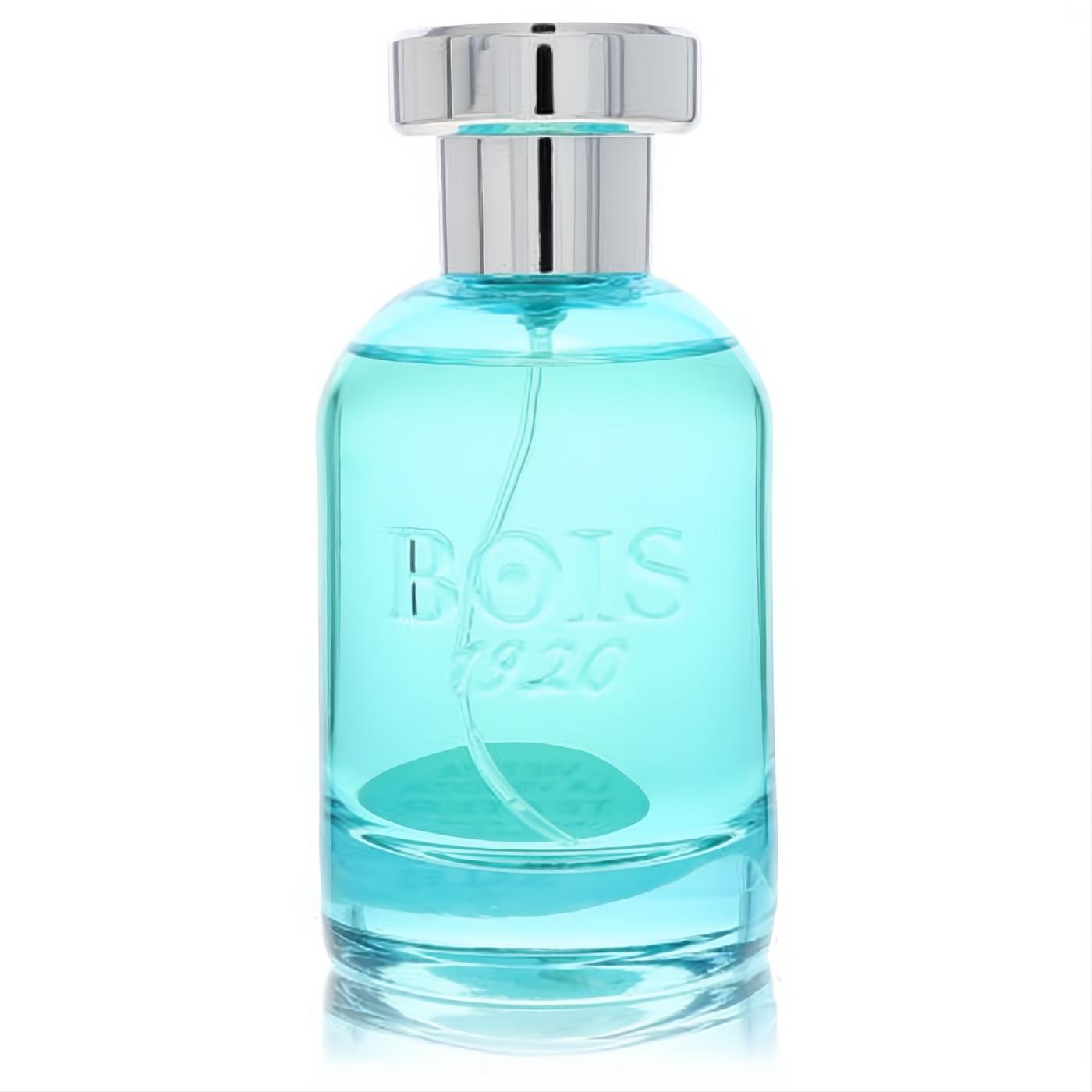 Refreshing Bois 1920 Verde Di Mare 3.4 oz Eau de Parfum in a clear bottle with captivating aqua liquid and a polished silver cap.