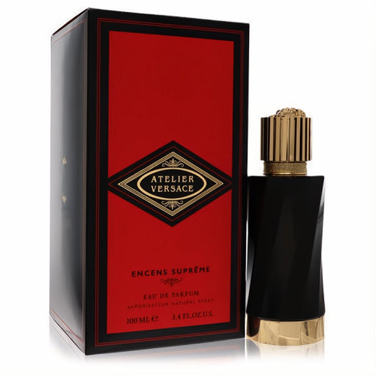 Versace Atelier Encens Supreme 3.4 oz unisex EDP. Luxurious black bottle with gold accents, displayed with its bold red and black box.