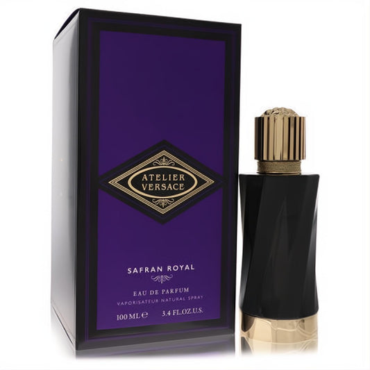 Discover Versace Atelier Safran Royal 3.4 oz EDP. Sleek black bottle with gold cap, next to its luxurious purple and gold box.