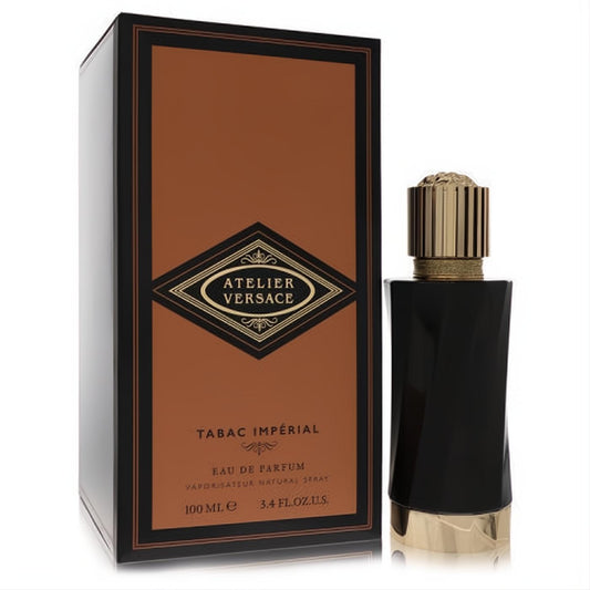 Elegant Versace Atelier Tabac Imperial 3.4 oz unisex EDP. Sleek black bottle with gold cap & base, beside its rich brown box.