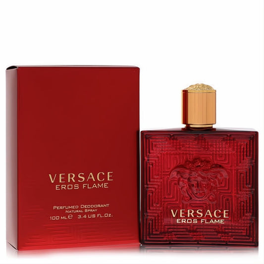 Ignite passion with Versace Eros Flame 3.4 oz men's deodorant spray. Bold red bottle, gold cap, and iconic Medusa design.