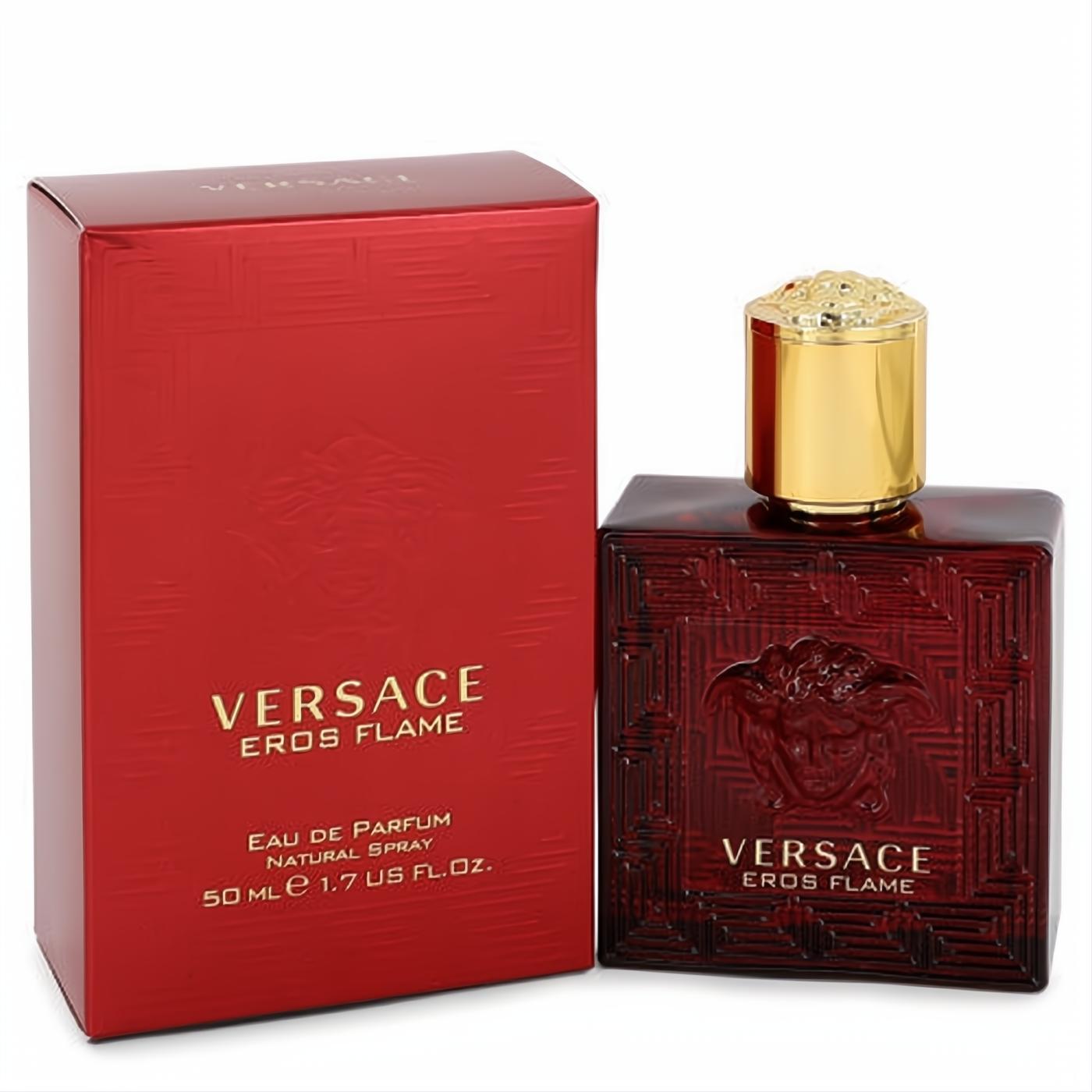 Luxurious Versace Eros Flame 1.7 oz men's EDP. Rich red bottle with embossed Medusa and gold cap, beside its elegant box.