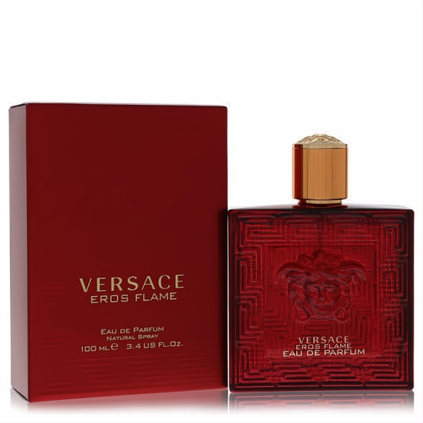 Versace Eros Flame 3.4 oz men's EDP spray: bold red bottle with Medusa head, gold cap, and matching box.