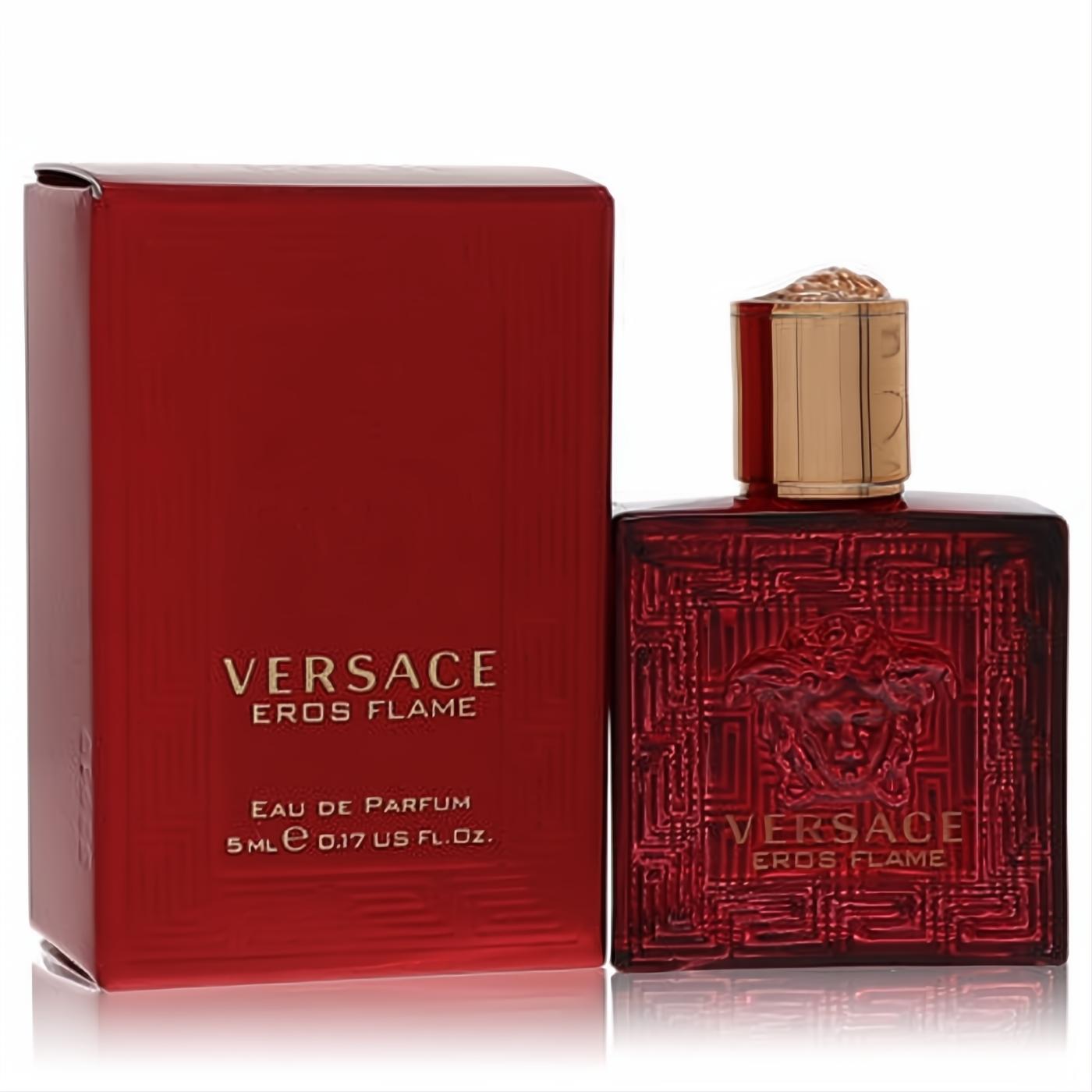 Versace Eros Flame 0.17 oz mini EDP. Bold red bottle with Medusa head, Greek key texture, gold cap, and matching box.